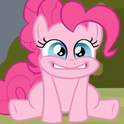 Size: 600x600 | Tagged: safe, screencap, character:pinkie pie, species:earth pony, species:pony, episode:a friend in deed, g4, my little pony: friendship is magic, bags under eyes, cropped, cute, diapinkes, excited, faec, female, mare, reaction image, round eyes, sitting, solo