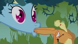 Size: 640x360 | Tagged: safe, screencap, character:applejack, character:rainbow dash, episode:bridle gossip, g4, my little pony: friendship is magic, appletini, duo, micro, sucking, vore