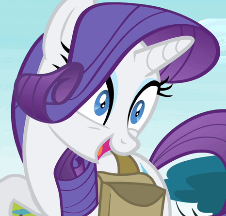 Size: 466x446 | Tagged: safe, screencap, character:rarity, episode:inspiration manifestation, g4, my little pony: friendship is magic, animated, bag, get, index get, insanity, inspirarity, laughing, open mouth, possessed, raised hoof, reaction image, saddle bag, smiling, solo, wahaha, wide eyes