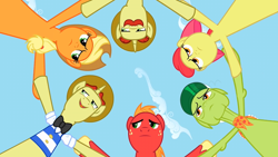 Size: 640x360 | Tagged: safe, screencap, character:apple bloom, character:applejack, character:big mcintosh, character:flam, character:flim, character:granny smith, species:earth pony, species:pony, episode:the super speedy cider squeezy 6000, g4, my little pony: friendship is magic, circle, flim flam brothers, male, stallion