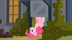 Size: 1366x768 | Tagged: safe, screencap, character:pinkie pie, episode:a friend in deed, g4, my little pony: friendship is magic, door, gravity, in which pinkie pie forgets how to gravity, pinkie being pinkie, pinkie physics, solo, upside down