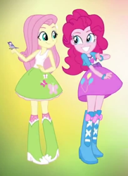 Size: 408x560 | Tagged: safe, screencap, character:fluttershy, character:pinkie pie, equestria girls:friendship games, g4, my little pony:equestria girls, boots, clothing, cropped, high heel boots, high heels, skirt, tank top