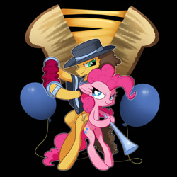 Size: 1000x1000 | Tagged: safe, artist:sambragg, character:cheese sandwich, character:pinkie pie, species:pony, accordion, balloon, bipedal, bugle mistaken for a trumpet, clothing, cutie mark, hat, musical instrument, poncho, semi-anthro, trumpet