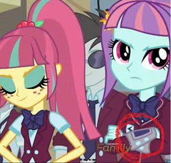 Size: 502x478 | Tagged: safe, screencap, character:sour sweet, character:sunny flare, equestria girls:friendship games, g4, my little pony:equestria girls, conspiracy theory, gadget, op is a slowpoke, pipboy, sunny flare's wrist devices