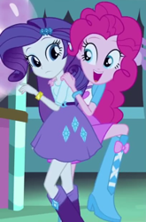 Size: 408x618 | Tagged: safe, screencap, character:pinkie pie, character:rarity, episode:a perfect day for fun, equestria girls:rainbow rocks, g4, my little pony:equestria girls, boots, bracelet, clothing, context is for the weak, cropped, high heel boots, jewelry, pinkie being pinkie, skirt