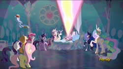 Size: 1920x1080 | Tagged: safe, screencap, character:applejack, character:fluttershy, character:pinkie pie, character:princess cadance, character:princess celestia, character:princess flurry heart, character:princess luna, character:rainbow dash, character:rarity, character:shining armor, character:twilight sparkle, character:twilight sparkle (alicorn), species:alicorn, species:pony, episode:the crystalling, g4, my little pony: friendship is magic, alicorn pentarchy, discovery family logo, female, magic blast, mane six, mare, shocked, sneezing, surprised