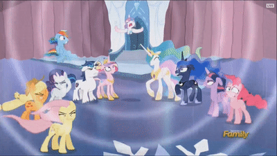 Size: 400x225 | Tagged: safe, screencap, character:applejack, character:fluttershy, character:pinkie pie, character:princess cadance, character:princess celestia, character:princess flurry heart, character:princess luna, character:rainbow dash, character:rarity, character:shining armor, character:twilight sparkle, character:twilight sparkle (alicorn), species:alicorn, species:pony, episode:the crystalling, g4, my little pony: friendship is magic, alicorn pentarchy, animated, discovery family logo, female, loop, mane six, mare, sonic scream, traditional royal canterlot voice