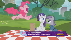 Size: 1920x1080 | Tagged: safe, screencap, character:maud pie, character:pinkie pie, character:rarity, species:earth pony, species:pony, species:unicorn, episode:the gift of the maud pie, g4, my little pony: friendship is magic, confetti, corral park, discovery family logo, female, jumping, manehattan, mare, maud being maud, park, picnic blanket, pinkie being pinkie, raised hoof, trio