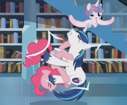 Size: 461x382 | Tagged: safe, screencap, character:pinkie pie, character:princess flurry heart, character:shining armor, episode:the crystalling, g4, my little pony: friendship is magic, 69 position, book, discovery family logo, misleading thumbnail, not what it looks like, out of context, staircase