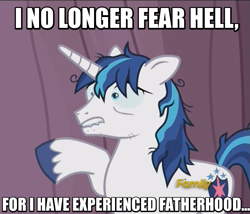 Size: 691x591 | Tagged: safe, screencap, character:shining armor, episode:the crystalling, g4, my little pony: friendship is magic, cracked armor, discovery family logo, dishevelled, image macro, lip bite, meme, solo