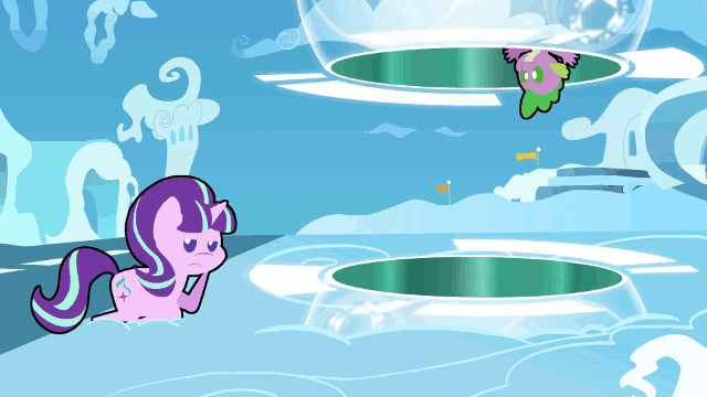 Size: 640x360 | Tagged: safe, artist:mrponiator, screencap, character:spike, character:starlight glimmer, character:twilight sparkle, character:twilight sparkle (alicorn), species:alicorn, species:pony, episode:the cutie re-mark, animated, falling, female, loop, mare, now you're thinking with portals, pointy ponies, portal, starlight is not amused, unamused, what i learned this other time, what i learned today, youtube link