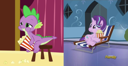 Size: 1368x714 | Tagged: safe, screencap, character:spike, character:starlight glimmer, episode:the crystalling, episode:too many pinkie pies, g4, my little pony: friendship is magic, discovery family logo, eating, food, popcorn, popcorn buddies, sitting