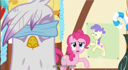 Size: 857x473 | Tagged: safe, screencap, character:gilda, character:pinkie pie, species:griffon, episode:griffon the brush-off, blindfold, ei, implied bisexual, meme, pin the tail on the pony, youtube caption