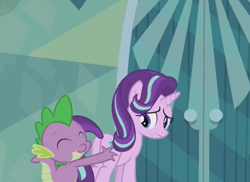 Size: 718x524 | Tagged: safe, screencap, character:spike, character:starlight glimmer, species:pony, species:unicorn, episode:the crystalling, g4, my little pony: friendship is magic, butt touch, female, frown, hand on butt, hand on hip, mare, out of context, plot, pushing, rump push, tongue out