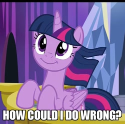 Size: 702x699 | Tagged: safe, screencap, character:twilight sparkle, character:twilight sparkle (alicorn), species:alicorn, episode:the crystalling, g4, my little pony: friendship is magic, castle, cute, image macro, innocent, meme, pure unfiltered evil, smiling, solo, text