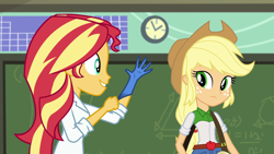 Size: 1280x720 | Tagged: safe, screencap, character:applejack, character:sunset shimmer, episode:the science of magic, equestria girls:friendship games, g4, my little pony:equestria girls, out of context, rubber gloves, shipping fuel, sunset the science gal