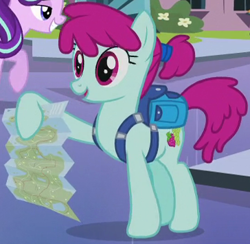 Size: 364x355 | Tagged: safe, screencap, character:ruby splash, character:starlight glimmer, species:earth pony, species:pony, episode:the crystalling, g4, my little pony: friendship is magic, background pony, backpack, cropped, female, map, mare