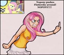 Size: 959x834 | Tagged: safe, artist:kantayeni, screencap, character:fluttershy, species:human, episode:putting your hoof down, g4, my little pony: friendship is magic, angry, breasts, clothing, female, finger, flutterrage, humanized, middle finger, scene interpretation, screencap reference, skirt, solo, vulgar