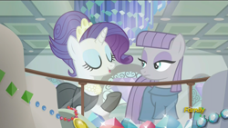 Size: 1920x1080 | Tagged: safe, screencap, character:maud pie, character:pinkie pie, character:rarity, species:earth pony, species:pony, species:unicorn, episode:the gift of the maud pie, g4, my little pony: friendship is magic, alternate hairstyle, audrey hepburn, breakfast at tiffany's, clothing, discovery family logo, female, holly golightly, jewelry, manehattan, mare