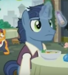 Size: 457x507 | Tagged: safe, screencap, character:port wine, character:waxton, species:pony, species:unicorn, episode:the gift of the maud pie, g4, my little pony: friendship is magic, background pony, crayon, cropped, food, levitation, magic, male, solo focus, soup, stallion, telekinesis