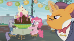 Size: 638x356 | Tagged: safe, screencap, character:maud pie, character:pinkie pie, character:port wine, character:rarity, episode:the gift of the maud pie, g4, my little pony: friendship is magic, dessert, discovery family logo, food, garconne, ice cream, sundae, waiter