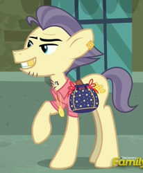Size: 719x873 | Tagged: safe, screencap, character:street rat, episode:the gift of the maud pie, g4, my little pony: friendship is magic, bag, belt, chest hair, clothing, cropped, discovery family logo, earring, gold tooth, manehattan, medallion, piercing, pouch, pouch pony, rock pouch, shirt, solo, stubble