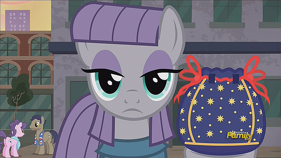 Size: 960x540 | Tagged: safe, screencap, character:maud pie, character:suri polomare, episode:the gift of the maud pie, g4, my little pony: friendship is magic, animated, blinking, discovery family logo, loop, pouch, rock pouch, winning goal