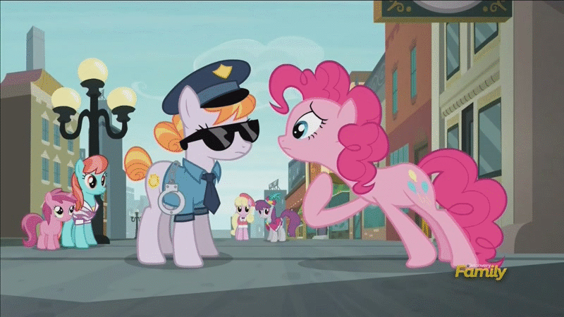 Size: 800x450 | Tagged: safe, screencap, character:copper top, character:luckette, character:pinkie pie, character:pinot noir, character:ruby pinch, character:strawberry ice, episode:the gift of the maud pie, g4, my little pony: friendship is magic, animated, background pony, discovery family logo, filly, manehattan, scrunchy face
