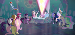 Size: 559x262 | Tagged: safe, screencap, character:applejack, character:fluttershy, character:pinkie pie, character:princess cadance, character:princess celestia, character:princess flurry heart, character:princess luna, character:rainbow dash, character:rarity, character:shining armor, character:twilight sparkle, character:twilight sparkle (alicorn), species:alicorn, species:pony, episode:the crystalling, g4, my little pony: friendship is magic, alicorn pentarchy, cropped, female, frightened, magic, mare, royal sisters, scared, shocked, sneezing