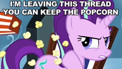 Size: 800x450 | Tagged: safe, screencap, character:starlight glimmer, episode:the crystalling, g4, my little pony: friendship is magic, abandon thread, angry, caption, food, image macro, looking back, meme, popcorn, reaction image, solo, thread, throwing