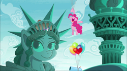 Size: 1920x1080 | Tagged: safe, screencap, character:maud pie, character:pinkie pie, character:rarity, episode:the gift of the maud pie, g4, my little pony: friendship is magic, balloon, bird nest, party cannon, statue of liberty