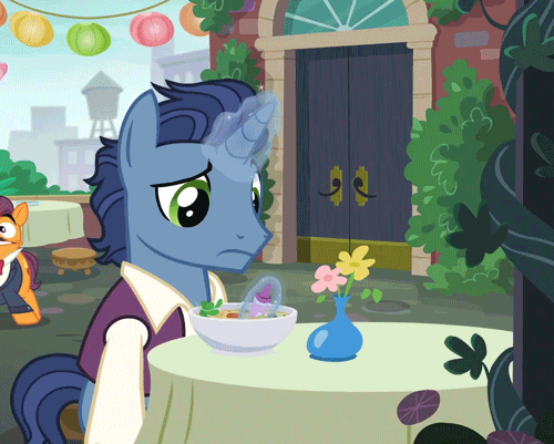 Size: 500x401 | Tagged: safe, screencap, character:pinkie pie, character:port wine, character:waxton, episode:the gift of the maud pie, g4, my little pony: friendship is magic, animated, background pony, clothing, crayon, food, frown, levitation, magic, sad, solo focus, soup, telekinesis