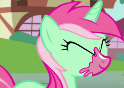 Size: 1486x1051 | Tagged: safe, screencap, character:minty bubblegum, species:pony, species:unicorn, episode:on your marks, g4, my little pony: friendship is magic, background pony, bubblegum, cropped, eyes closed, female, food, mare, smiling, solo