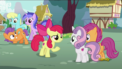 Size: 1920x1088 | Tagged: safe, screencap, character:apple bloom, character:scootaloo, character:sweetie belle, character:tender taps, species:earth pony, species:pegasus, species:pony, episode:on your marks, g4, my little pony: friendship is magic, colt, cutie mark, cutie mark crusaders, discovery family logo, female, filly, male, the cmc's cutie marks