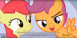 Size: 1920x960 | Tagged: safe, screencap, character:apple bloom, character:scootaloo, species:pegasus, species:pony, episode:on your marks, g4, my little pony: friendship is magic, discovery family logo, meme, youtube caption