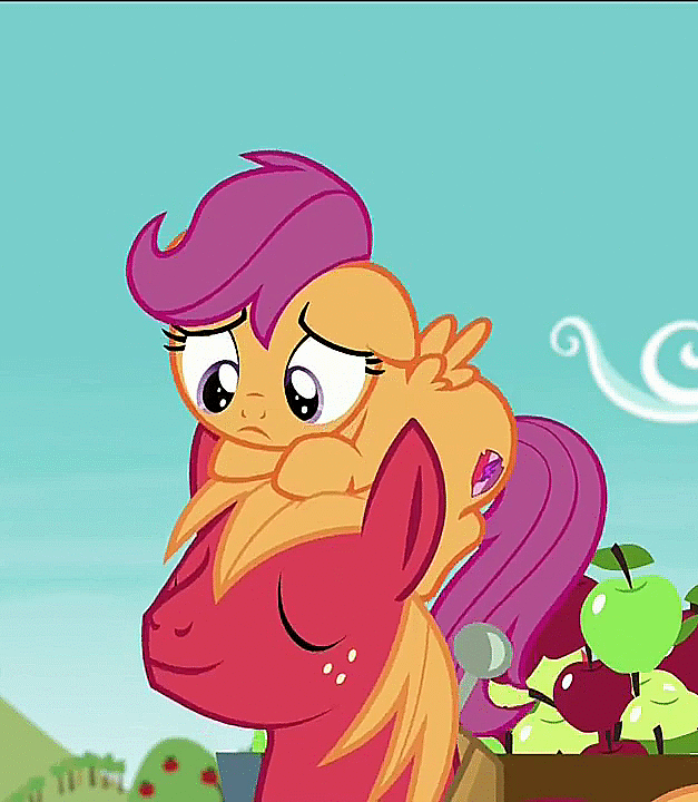 Size: 627x720 | Tagged: safe, screencap, character:big mcintosh, character:scootaloo, species:earth pony, species:pegasus, species:pony, episode:on your marks, g4, my little pony: friendship is magic, apple, cute, cutealoo, cutie mark, eyes closed, female, filly, floppy ears, food, frown, male, ponies riding ponies, pony hat, sad, scootahat, smiling, stallion, sweet apple acres, the cmc's cutie marks