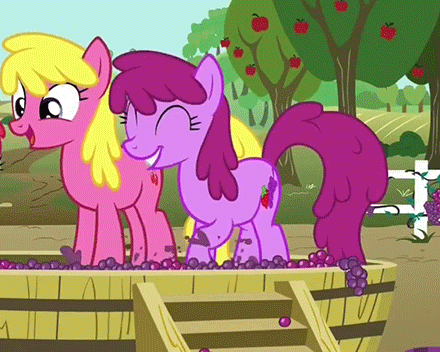 Size: 440x352 | Tagged: safe, screencap, character:berry punch, character:berryshine, character:cherry berry, episode:on your marks, g4, my little pony: friendship is magic, animated, berrybetes, cute, cutie mark, duo, eyes closed, food, grape stomping, grapes, happy, open mouth, raised hoof, raised leg, smiling, stomping, tub, vinyard