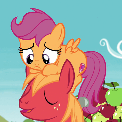 Size: 423x422 | Tagged: safe, screencap, character:big mcintosh, character:scootaloo, species:earth pony, species:pegasus, species:pony, episode:on your marks, g4, my little pony: friendship is magic, animated, cutie mark, female, filly, floppy ears, headbang, male, mare, pony hat, reversed, scootahat, stallion, the cmc's cutie marks