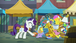 Size: 1334x750 | Tagged: safe, screencap, character:rarity, species:bird, species:crab, species:penguin, species:pony, species:unicorn, episode:the gift of the maud pie, g4, my little pony: friendship is magic, ball, basketball, beach ball, bucket, caterpillar, cheese wheel, crack, discovery family logo, female, flea market, football, grappling hook, lamp, lampshade, manehattan, mare, plushie, rubber duck, scepter, scooter, shark, solo, sports, squid, teddy bear, toy, toy boat, twilight scepter
