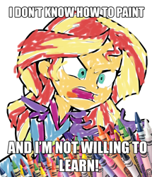 Size: 810x940 | Tagged: safe, screencap, character:sunset shimmer, equestria girls:friendship games, g4, my little pony:equestria girls, coloring book, crayons, exploitable meme, image macro, meme, solo, sunset is not willing to learn