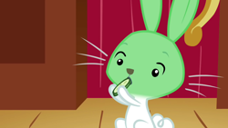 Size: 1280x720 | Tagged: safe, screencap, character:angel bunny, episode:putting your hoof down, g4, my little pony: friendship is magic, cucumber, food, green face, jerk, nauseous, sick, solo