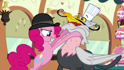 Size: 1280x720 | Tagged: safe, screencap, character:gustave le grande, character:pinkie pie, species:earth pony, species:griffon, species:pony, episode:mmmystery on the friendship express, g4, my little pony: friendship is magic, bowler hat, cartoon physics, clothing, gustave le grande, hat, pinkie being pinkie