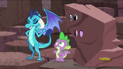 Size: 1920x1080 | Tagged: safe, screencap, character:princess ember, character:rarity, character:spike, character:twilight sparkle, character:twilight sparkle (alicorn), species:alicorn, species:dragon, episode:gauntlet of fire, g4, my little pony: friendship is magic, discovery family logo, disguise, dragoness, female, male, rock costume