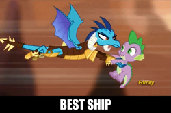 Size: 1277x843 | Tagged: safe, screencap, character:princess ember, character:spike, species:dragon, ship:emberspike, episode:gauntlet of fire, g4, my little pony: friendship is magic, discovery family logo, dragon armor, dragoness, duo, female, image macro, male, meme, shipping, straight, text