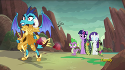 Size: 1920x1080 | Tagged: safe, screencap, character:princess ember, character:rarity, character:spike, character:twilight sparkle, character:twilight sparkle (alicorn), species:alicorn, species:dragon, species:pony, episode:gauntlet of fire, g4, my little pony: friendship is magic, discovery family logo, dragon armor, female, mare, seaweed