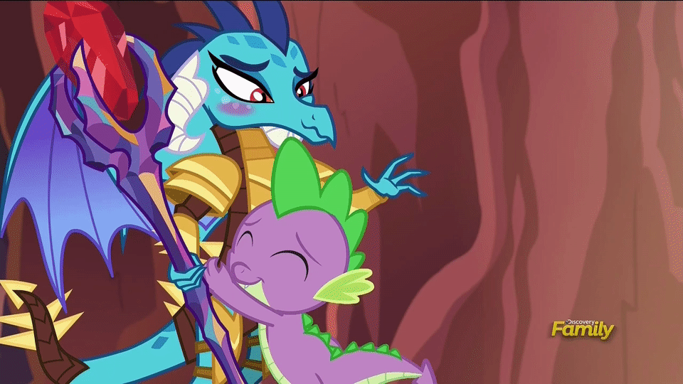 Size: 960x540 | Tagged: safe, screencap, character:princess ember, character:spike, species:dragon, episode:gauntlet of fire, g4, my little pony: friendship is magic, animated, armor, bloodstone scepter, blushing, cute, discovery family logo, dragon armor, dragon lord ember, emberbetes, eyes closed, hug, it's called a hug, petting, shipping fuel, smiling, tsundember, tsundere, wavy mouth