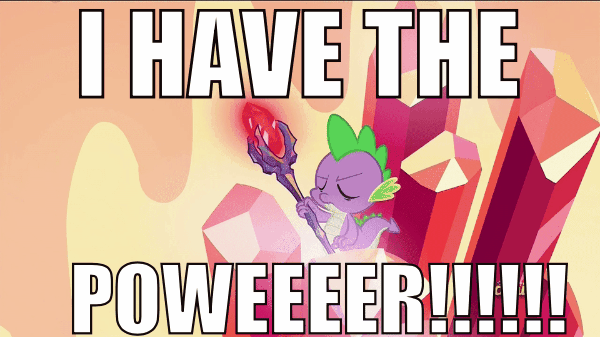 Size: 600x337 | Tagged: safe, screencap, character:spike, episode:gauntlet of fire, g4, my little pony: friendship is magic, animated, bloodstone scepter, by the power of greyskull, dragon lord spike, he-man, image macro, meme, solo, text