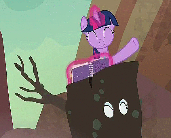 Size: 594x479 | Tagged: safe, screencap, character:rarity, character:twilight sparkle, character:twilight sparkle (alicorn), species:alicorn, species:pony, episode:gauntlet of fire, g4, my little pony: friendship is magic, animated, cute, disguise, female, levitation, loop, magic, mare, notebook, smile and wave, telekinesis, tree costume, twiabetes, waving