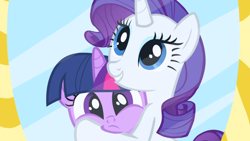 Size: 1920x1080 | Tagged: safe, screencap, character:rarity, character:twilight sparkle, episode:the ticket master, g4, my little pony: friendship is magic, carousel boutique, holding, looking at you, mirror, smiling, squeezing, squishy cheeks