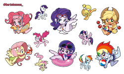 Size: 750x450 | Tagged: safe, artist:kairean, character:applejack, character:fluttershy, character:pinkie pie, character:rainbow dash, character:rarity, character:twilight sparkle, character:twilight sparkle (alicorn), species:alicorn, my little pony:equestria girls, apple, beach ball, bedroom eyes, bikini, blushing, chibi, clothing, cute, drink, food, glasses, humanized, looking at you, mane six, pony coloring, shorts, simple background, snorkel, swimsuit, transparent background, wink